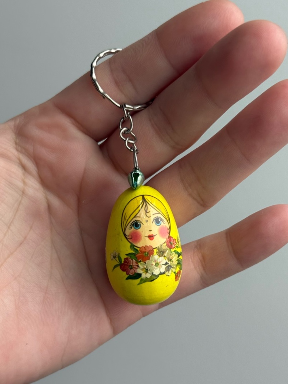 Vintage 1.5" Double Sided Matryoshka Doll Egg Keychain Yellow Flower w/ Bell